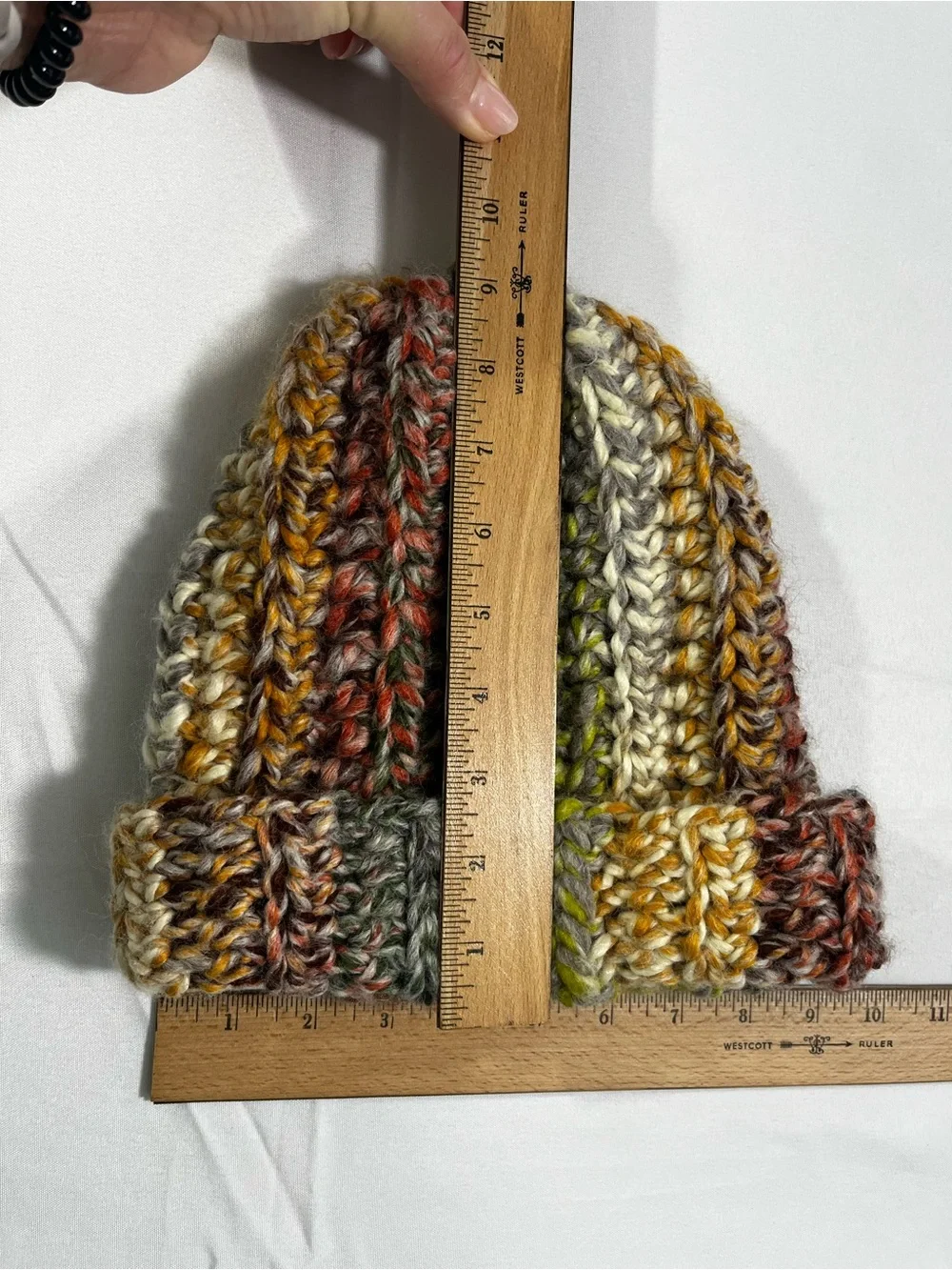 Chunky Multicolor Hand Knit Beanie - Olive, Brown Cream, Rust, Gray - Soft Wool